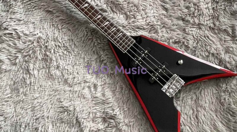 4 String Swallow Tail V Shape Electric Bass Guitar Black With Red Bevel In Stock