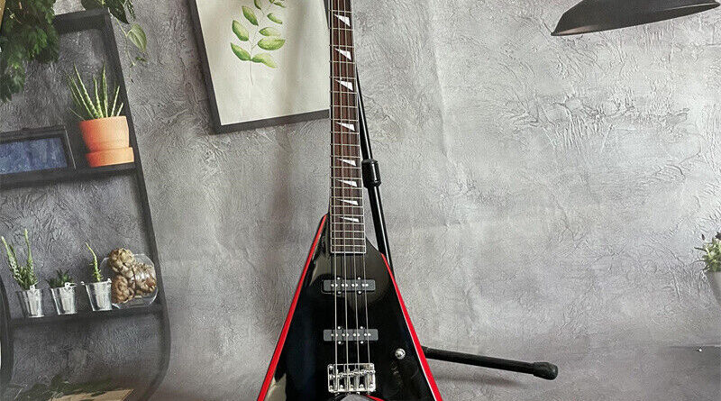 New Custom 4 Strings Black Solid Jack Rhoads Electric Bass Guitar Red Binding