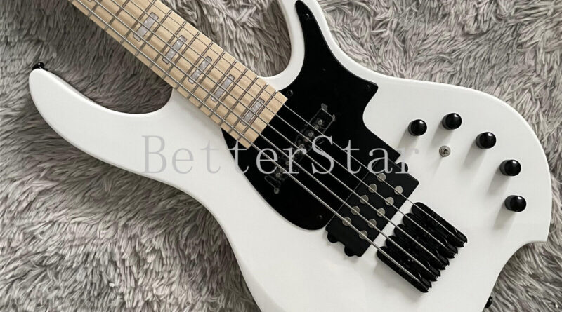 5 String White Electric Bass Guitar Solid Body Maple Fretboard Black Hardware