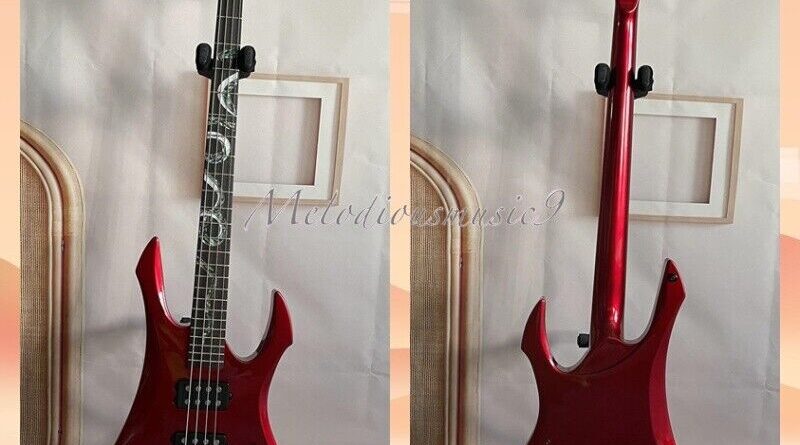 Custom Metallic Red 4 String Rare Bass Guitar Fingerboard Snake Inlay HH Pickups